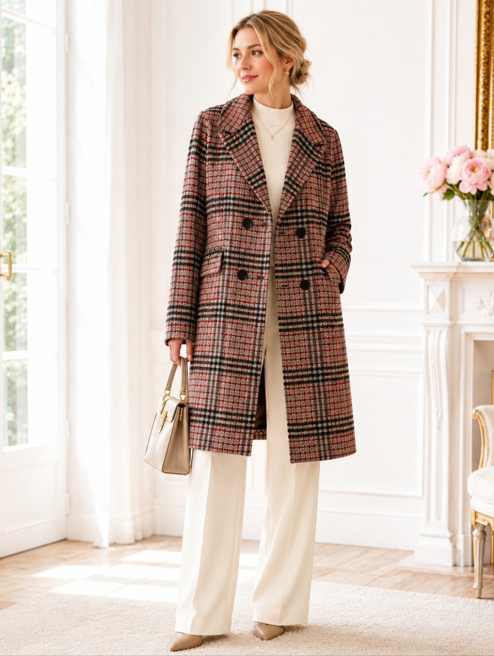 Chartou Plaid Double Breasted Long Coat Wool Blend | Size Small